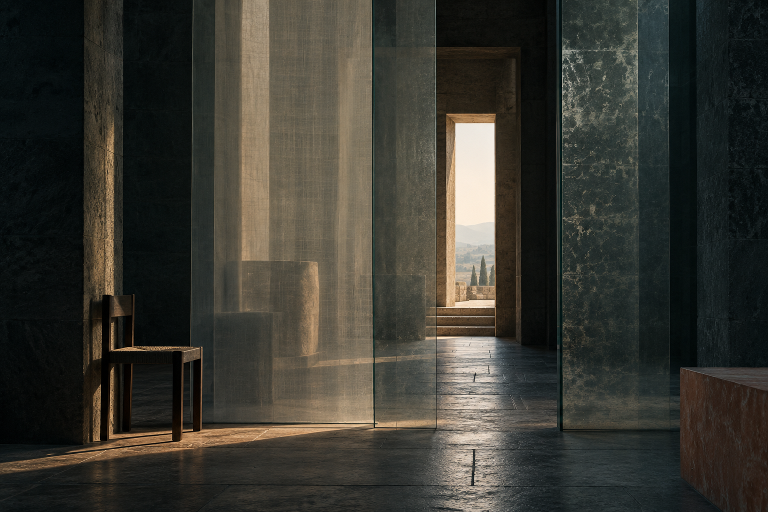 A dark stone interior with translucent screens, an empty chair and a doorway opening into light
